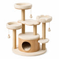 Arbre à chat multiniveau beige et marron clair 100 × 60 × 135 cm avec niche, couchages et poteaux en sisal