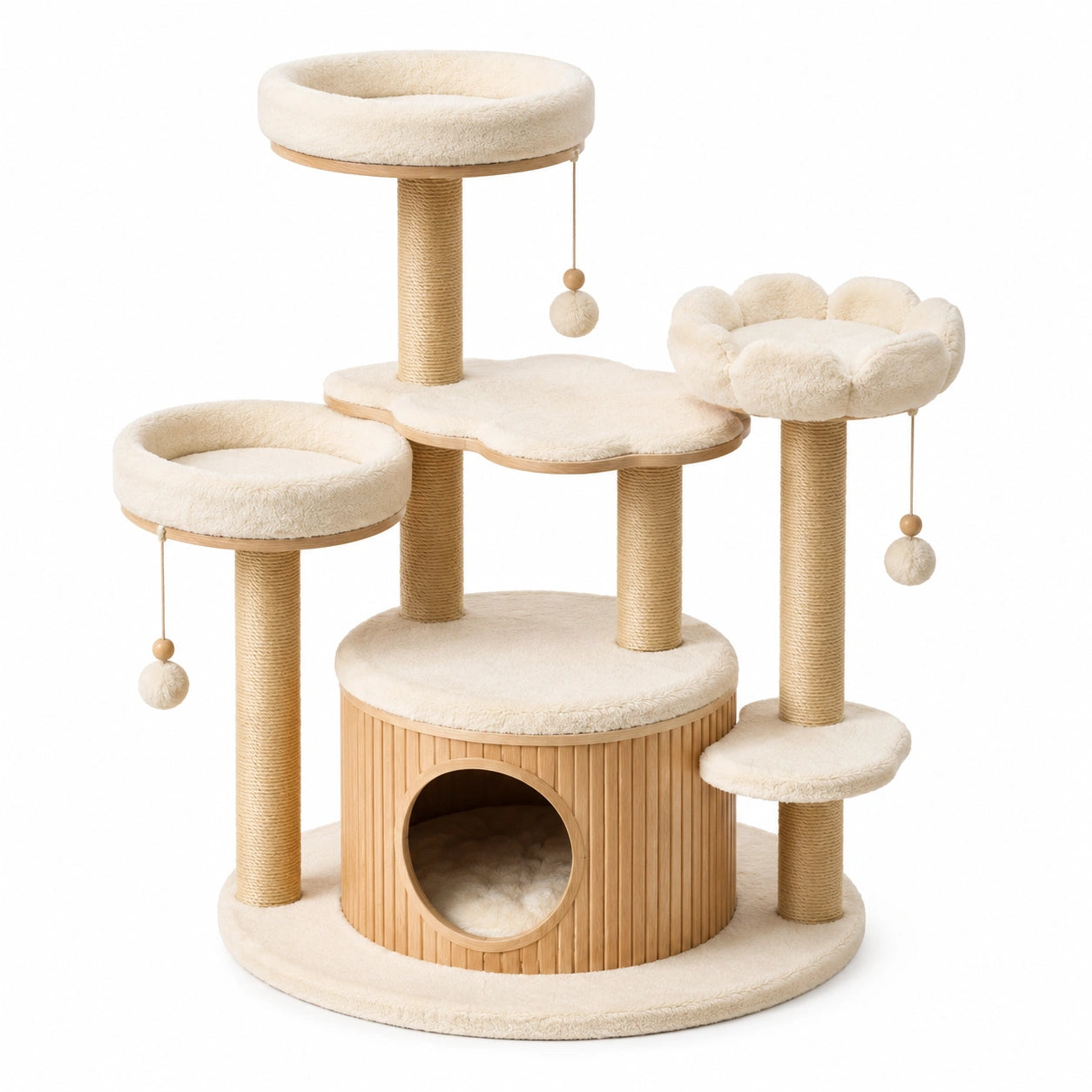 Arbre à chat multiniveau beige et marron clair 100 × 60 × 135 cm avec niche, couchages et poteaux en sisal