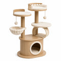 Arbre à chat en bois naturel, sisal et peluche blanc crème avec niche, corbeille et plateformes, 120 × 60 × 160 cm