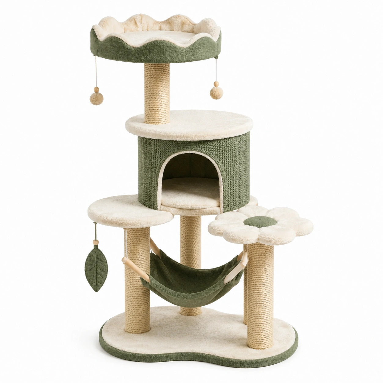 Arbre à chat vert, crème et beige 80 × 60 × 140 cm avec niche, hamac, plateformes et couchage