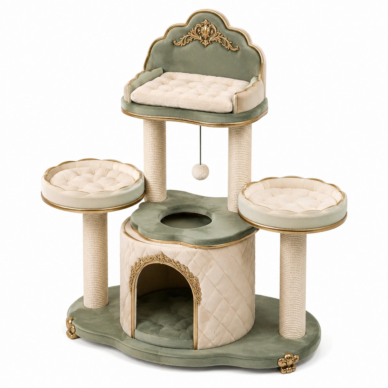 Arbre à chat baroque multifonction en sisal et textile vert sauge, crème et doré, 120 × 60 × 145 cm