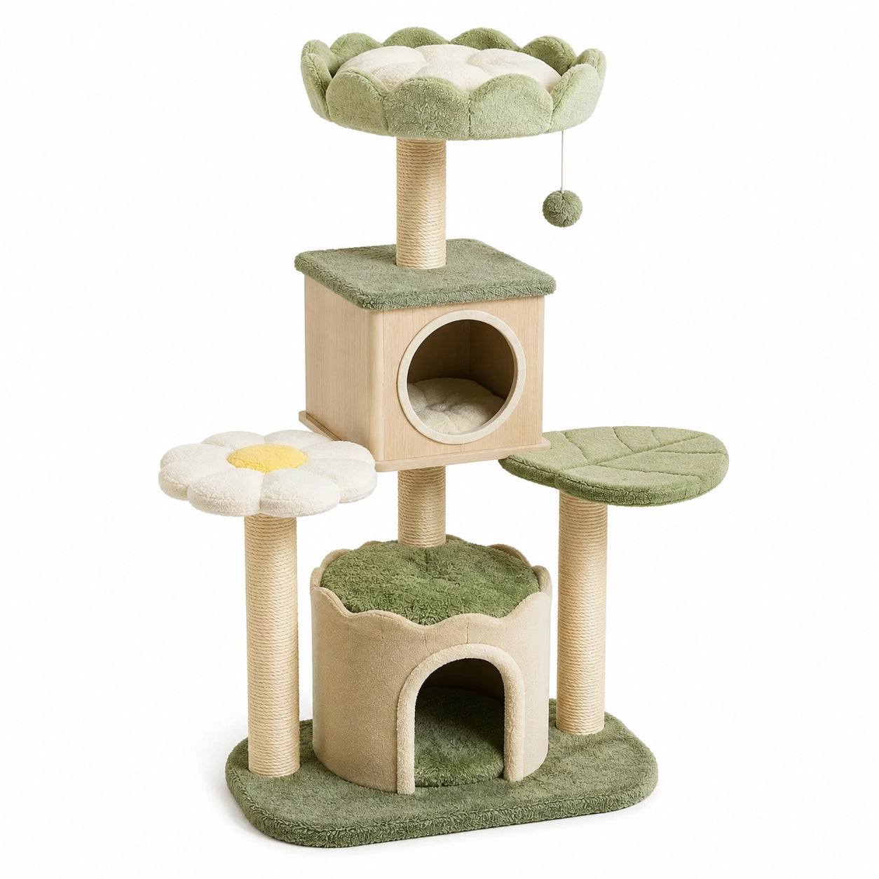 Arbre à chat en bois, sisal et peluche vert sauge, beige et crème avec niches et plateformes florales, 90 × 50 × 145 cm