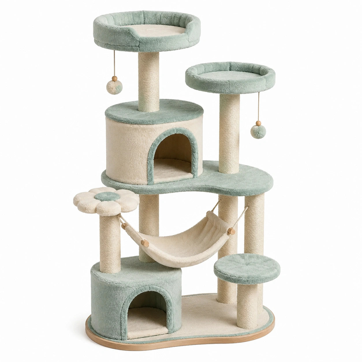 Arbre à chat en sisal et peluche vert menthe et beige avec niches, hamac et plateformes, 118 × 60 × 165 cm