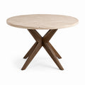 Table ronde Ø 120 x H 75 cm avec plateau en travertin beige et piètement croisé en bois marron