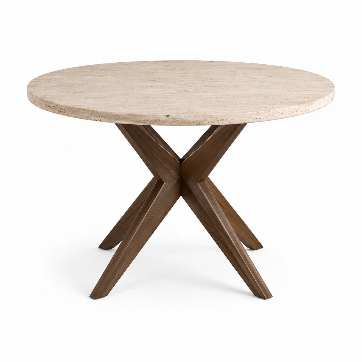 Table ronde Ø 120 x H 75 cm avec plateau en travertin beige et piètement croisé en bois marron