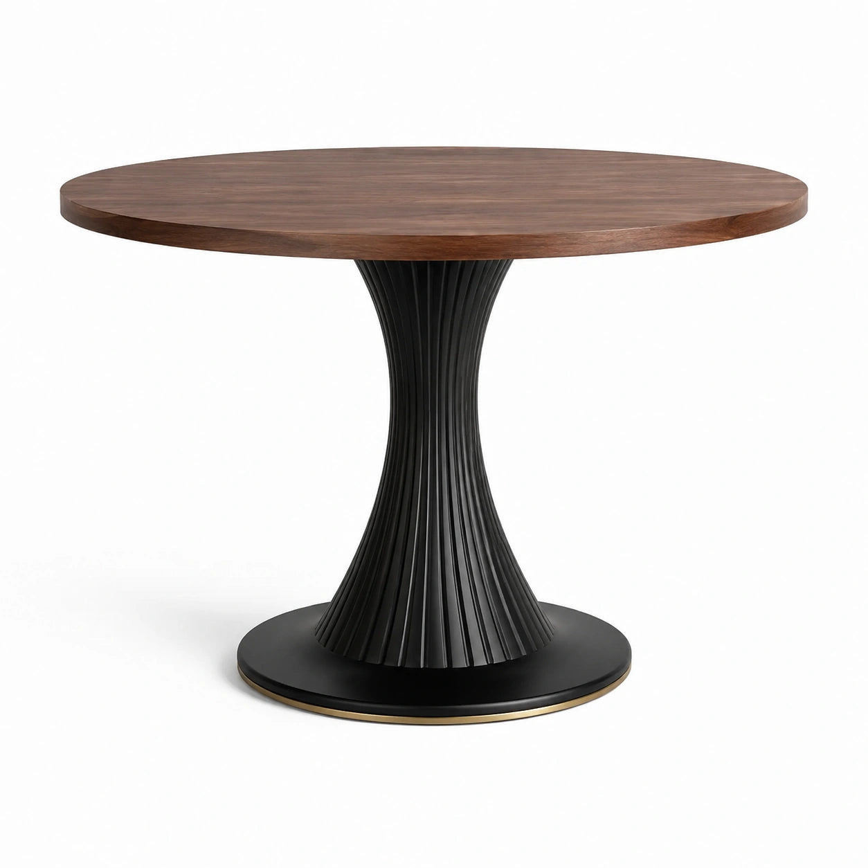 Table à manger ronde en bois brun avec pied central en métal noir et doré, Ø 120 × H 75 cm