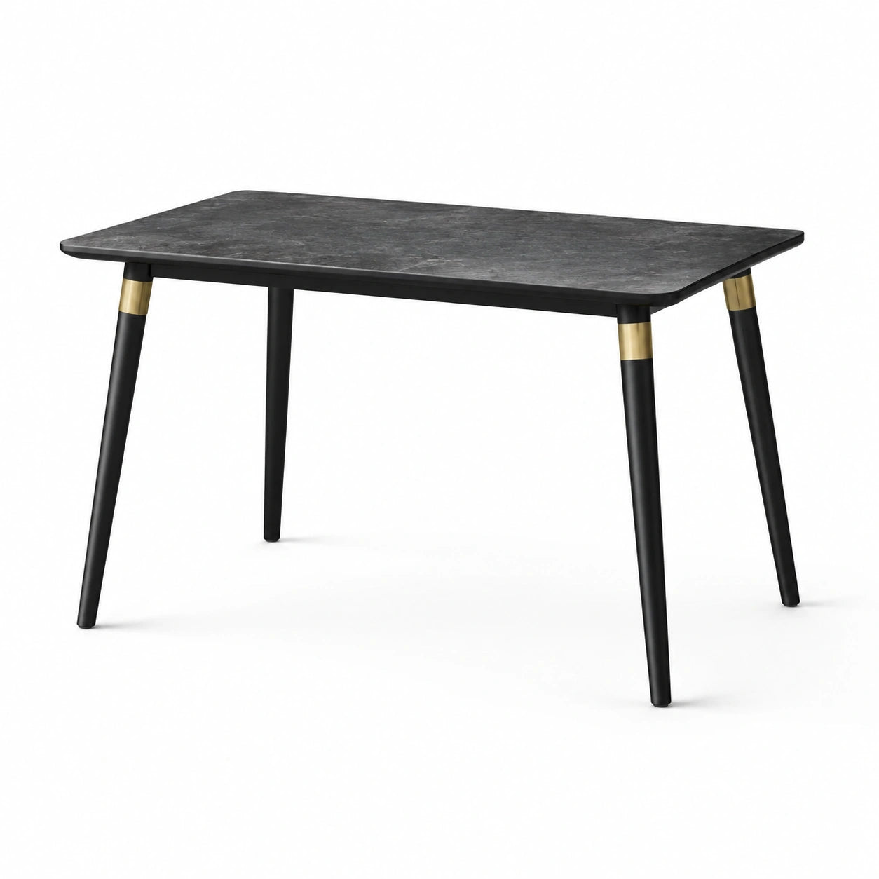 Table à manger contemporaine 120 × 70 × 75 cm, plateau gris effet marbre, pieds noirs et détails dorés