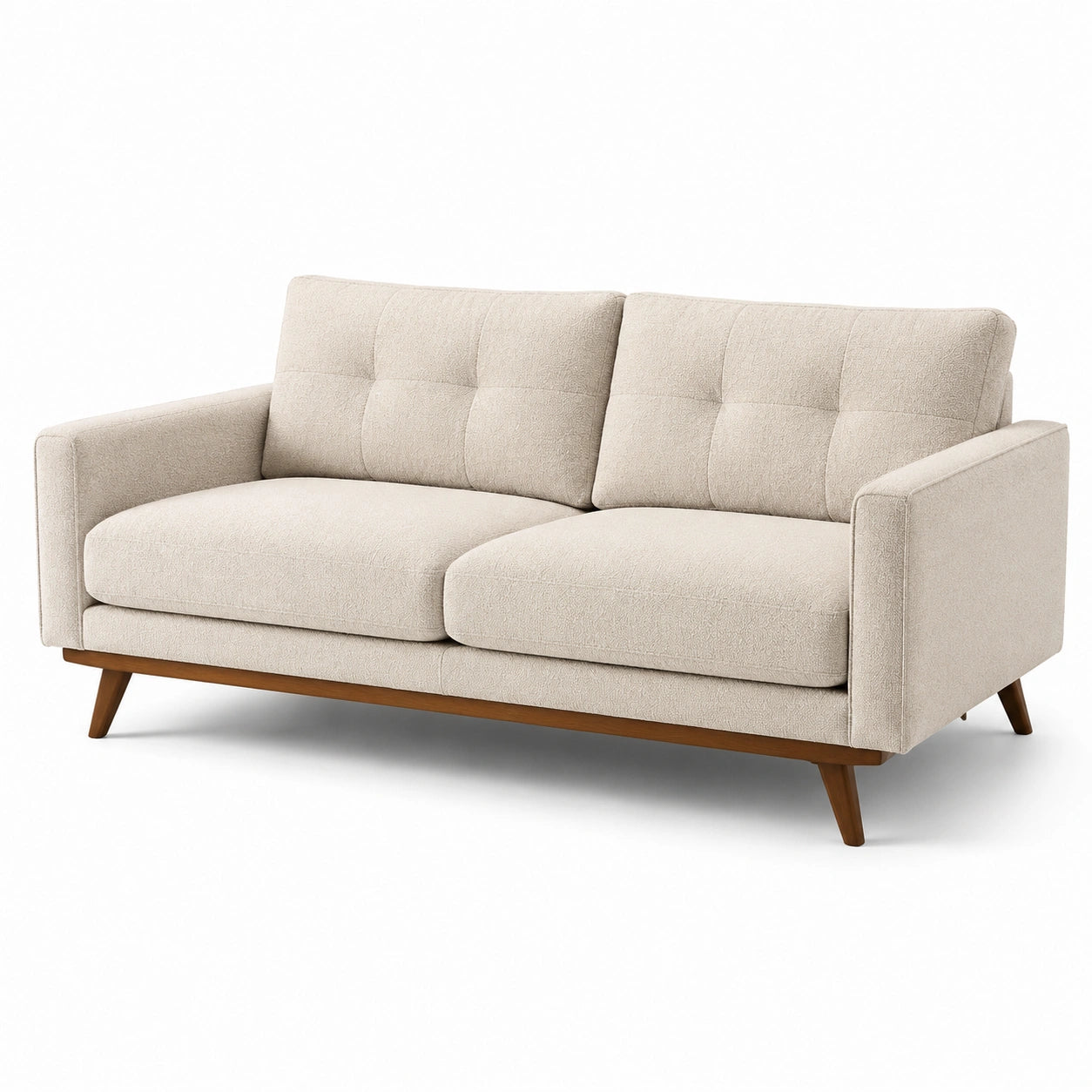 Canapé 3 places en tissu bouclé beige avec pieds en bois marron, 200 × 85 × 82 cm