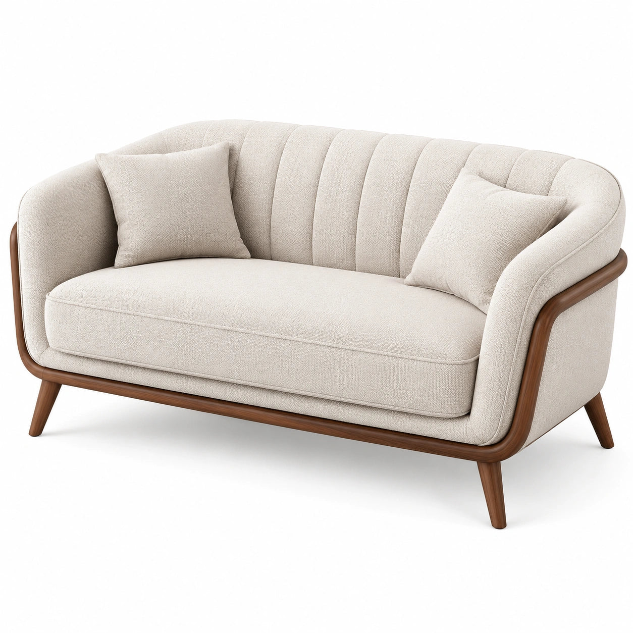 Canapé 2 places en tissu texturé écru avec structure en bois brun, 180 × 85 × 82 cm
