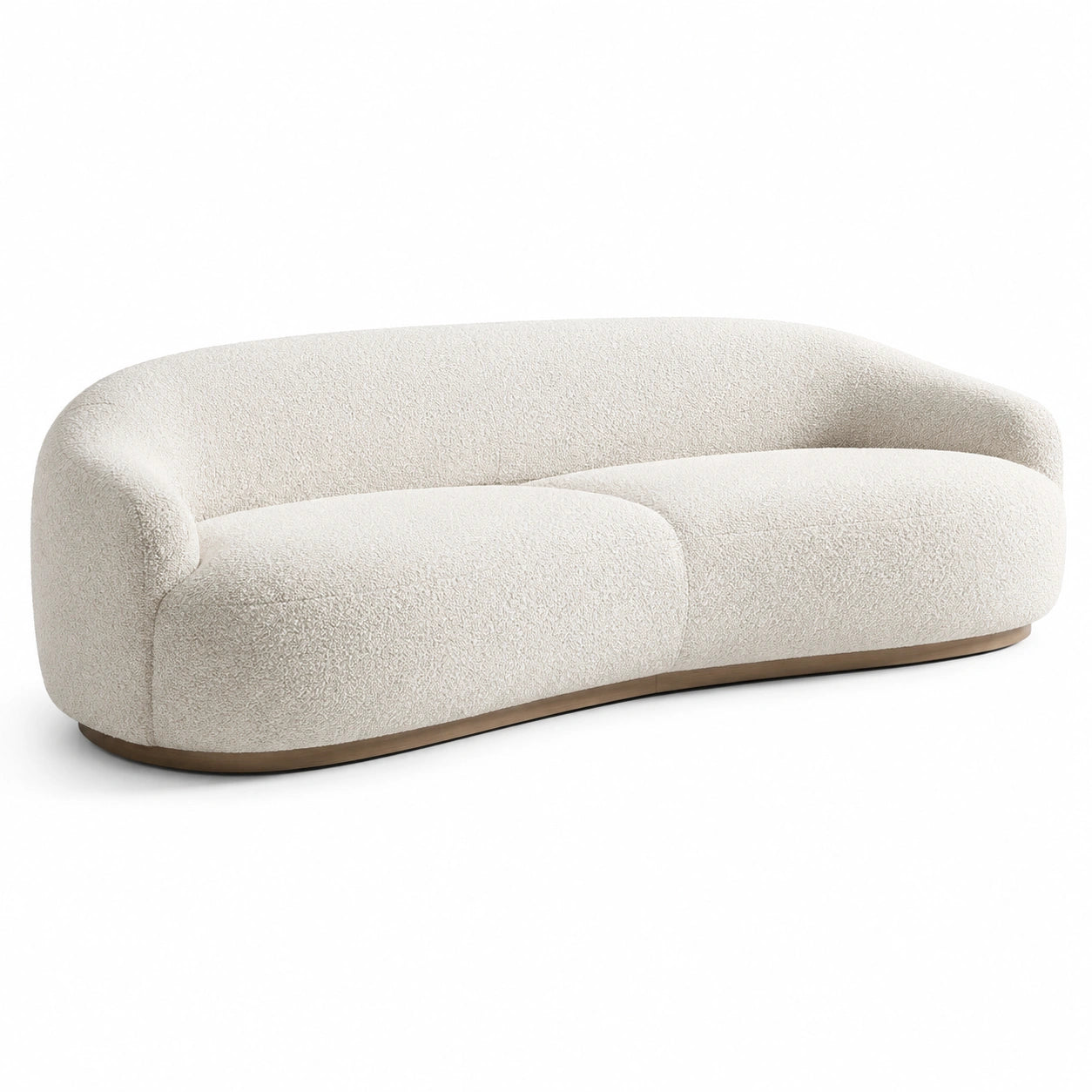 Canapé incurvé 3 places en tissu bouclé écru avec socle en bois naturel, 230 × 100 × 76 cm