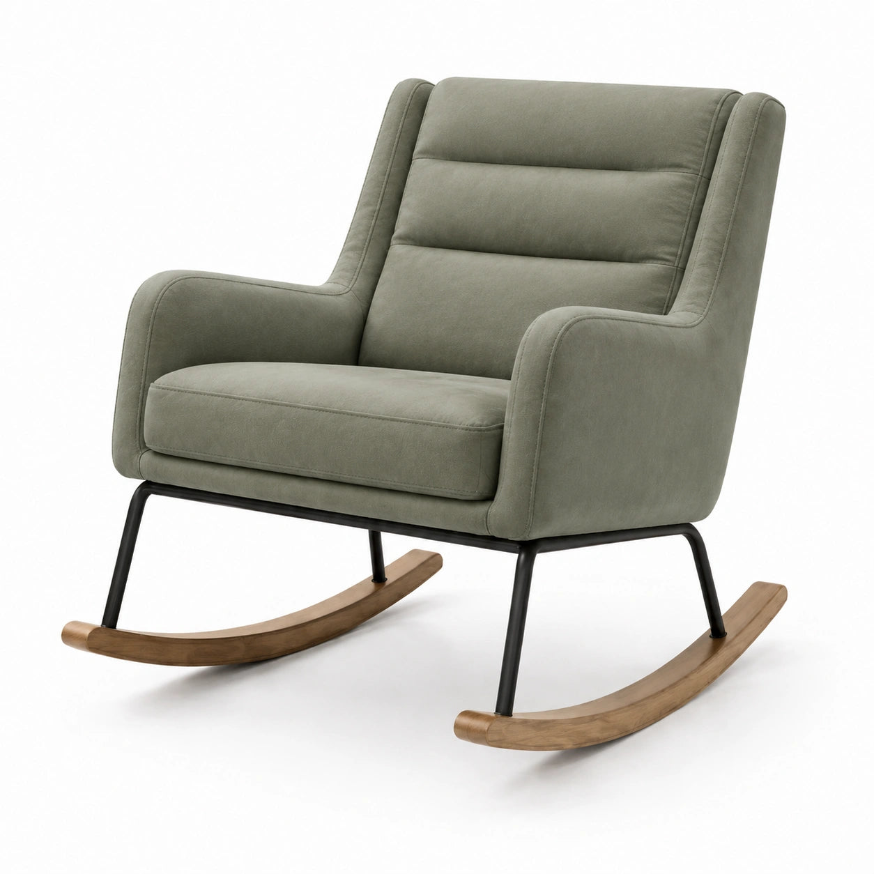 Fauteuil à bascule en tissu vert sauge, structure noire et patins en bois naturel, 78 × 95 × 98 cm