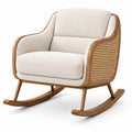 Fauteuil à bascule rembourré en bois et cannage, tissu écru, 78 × 92 × 88 cm