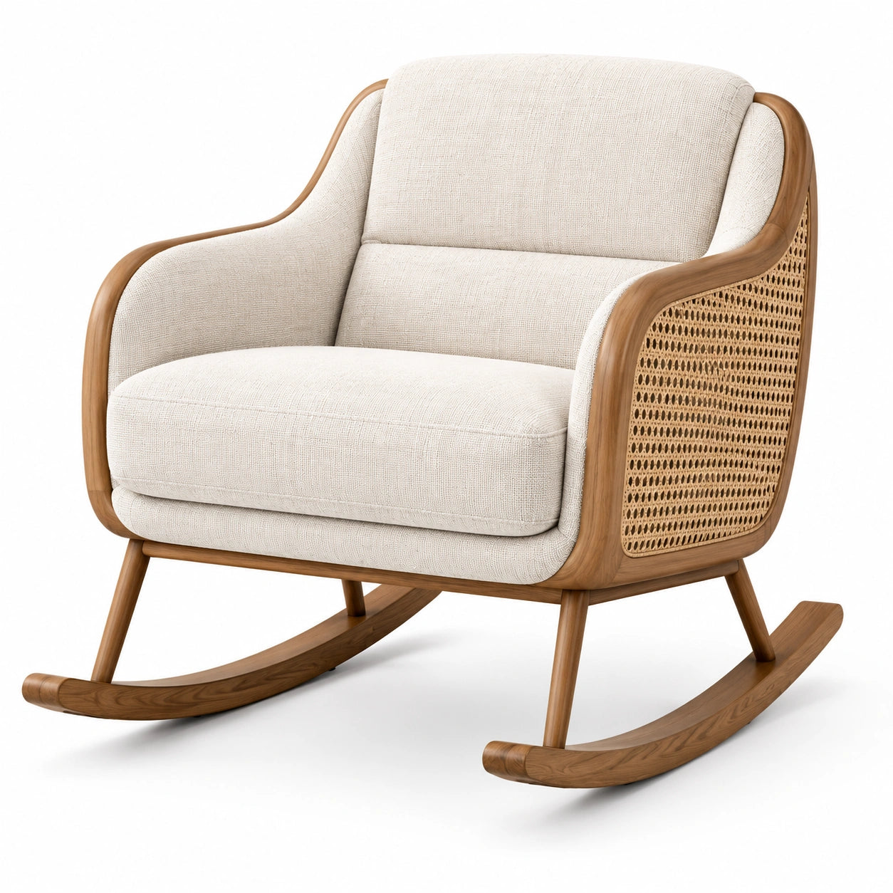 Fauteuil à bascule rembourré en bois et cannage, tissu écru, 78 × 92 × 88 cm
