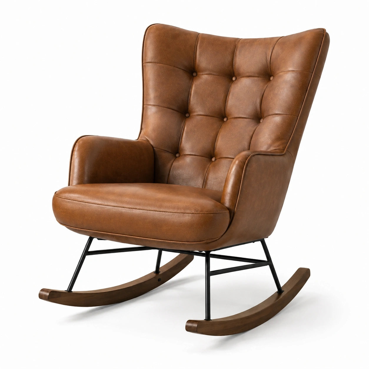 Fauteuil à bascule capitonné en similicuir marron, 78 × 95 × 105 cm, style rétro