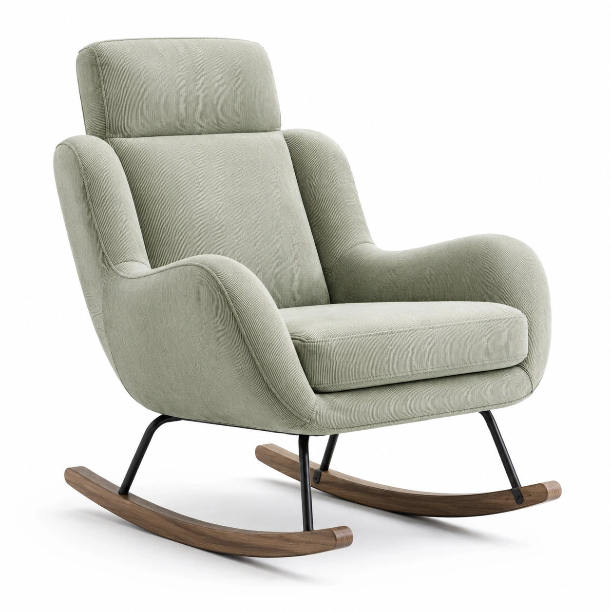 Fauteuil à bascule en tissu côtelé vert sauge, bois marron et métal noir, 96 x 85 x 100 cm
