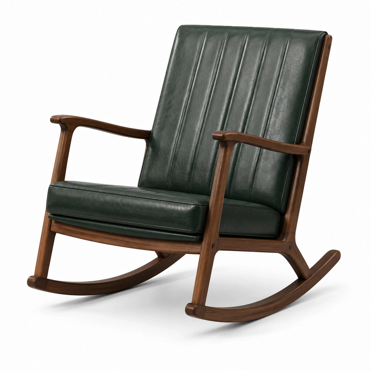 Fauteuil à bascule rétro en bois brun et revêtement vert foncé, 68 × 85 × 96 cm