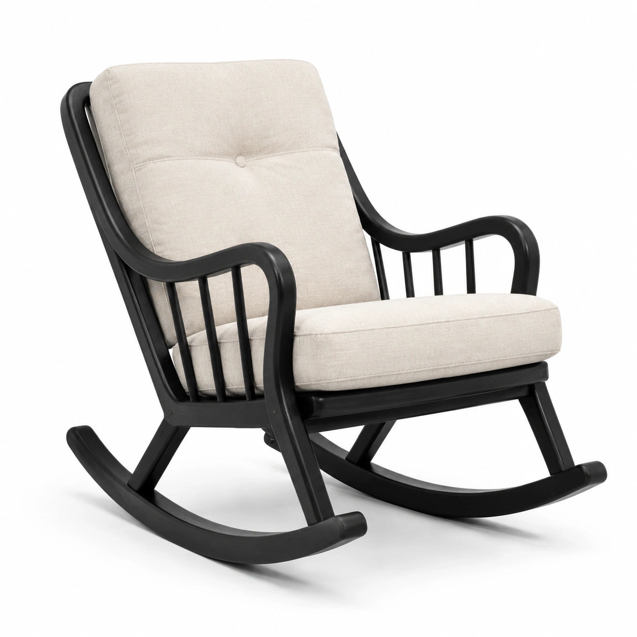 Fauteuil à bascule en bois noir et tissu beige, style rétro, 70 × 90 × 98 cm