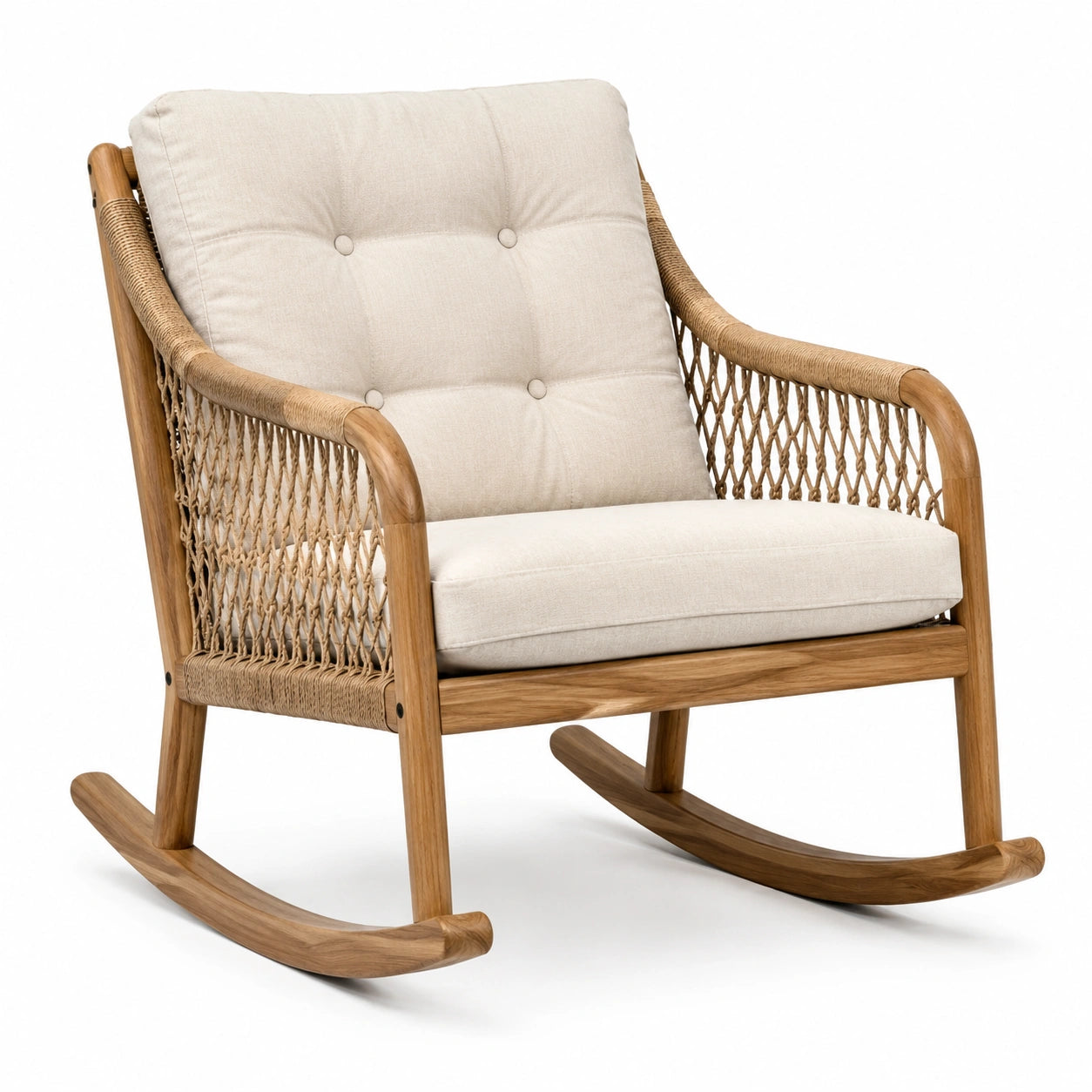 Fauteuil à bascule en bois naturel et corde beige avec coussins rembourrés, 78 × 92 × 91 cm