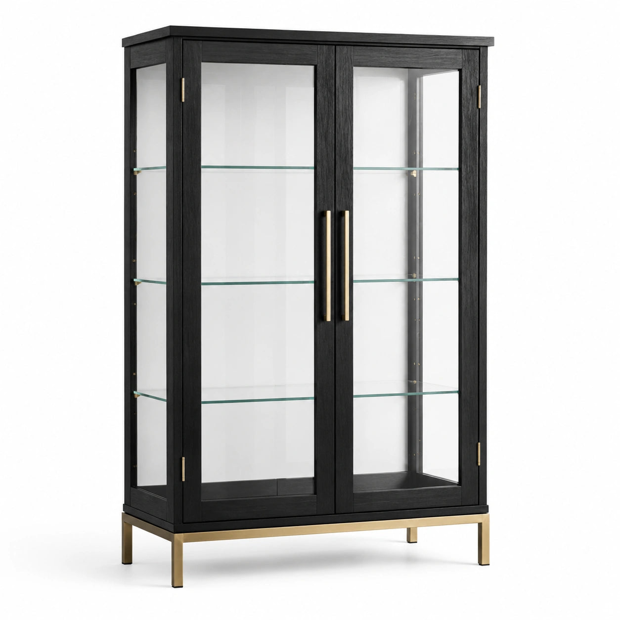 Vitrine noire et dorée 100 × 40 × 160 cm avec 2 portes vitrées et 3 tablettes en verre