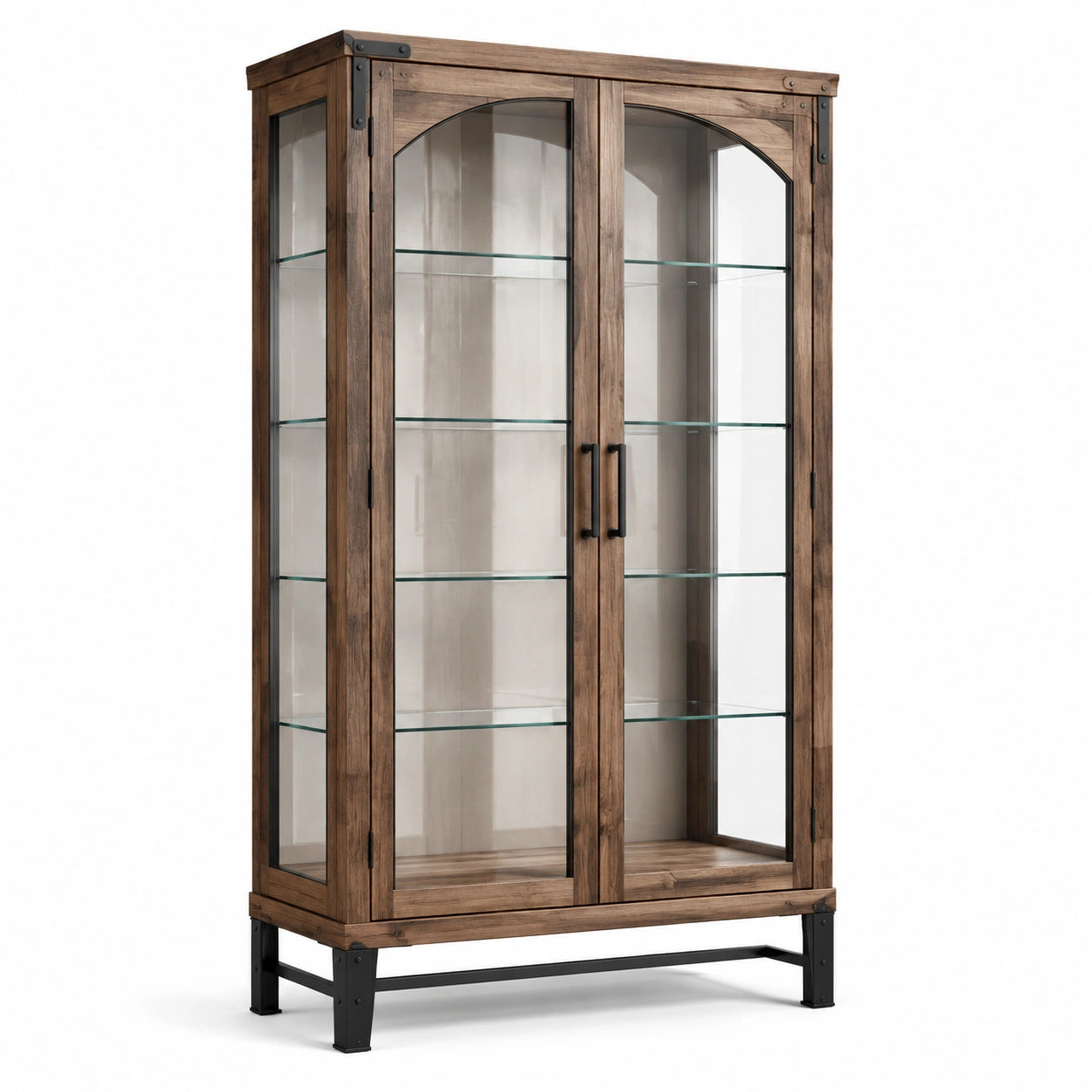 Vitrine à 2 portes en bois, verre et métal, marron, noir et transparent, 100 × 40 × 180 cm