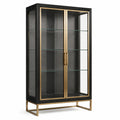 Vitrine contemporaine noire et dorée en bois manufacturé, verre et métal, 100 × 40 × 180 cm