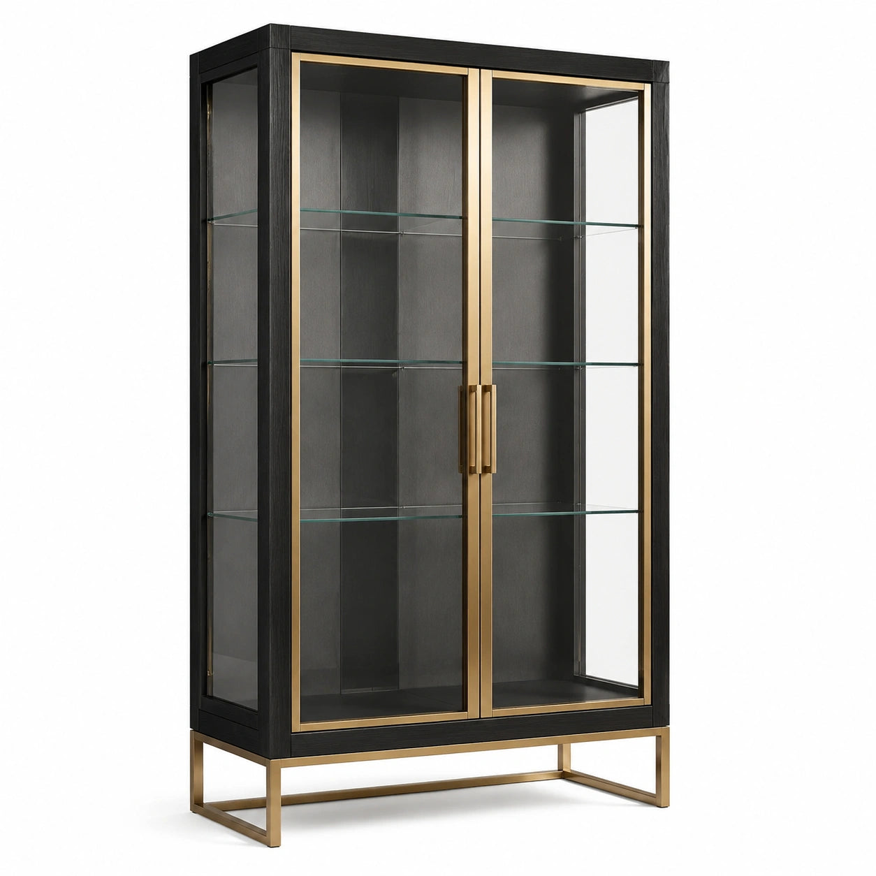 Vitrine contemporaine noire et dorée en bois manufacturé, verre et métal, 100 × 40 × 180 cm