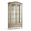 Vitrine classique en bois et verre beige et doré, 100 × 45 × 200 cm, 2 portes, 3 tablettes et 1 tiroir