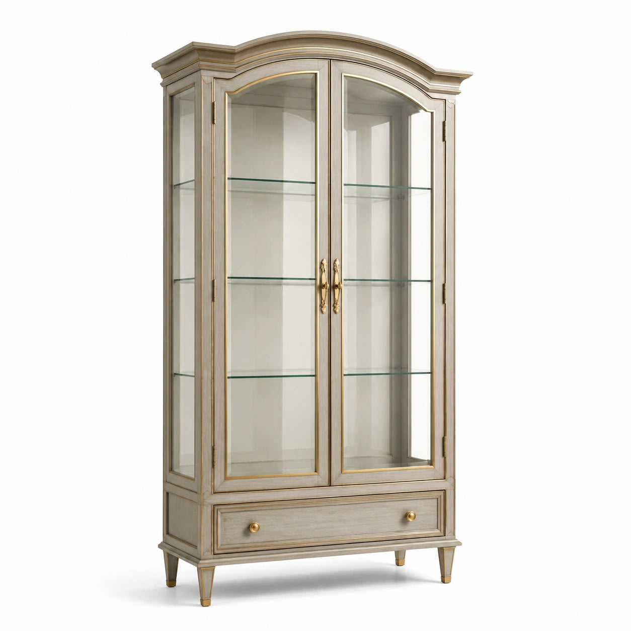 Vitrine classique en bois et verre beige et doré, 100 × 45 × 200 cm, 2 portes, 3 tablettes et 1 tiroir