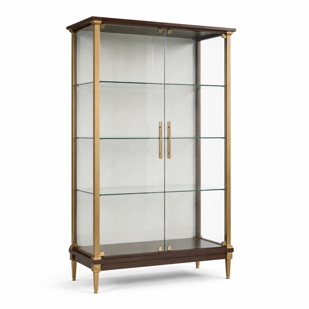 Vitrine à 2 portes vitrées en métal doré et bois brun, 100 × 40 × 180 cm