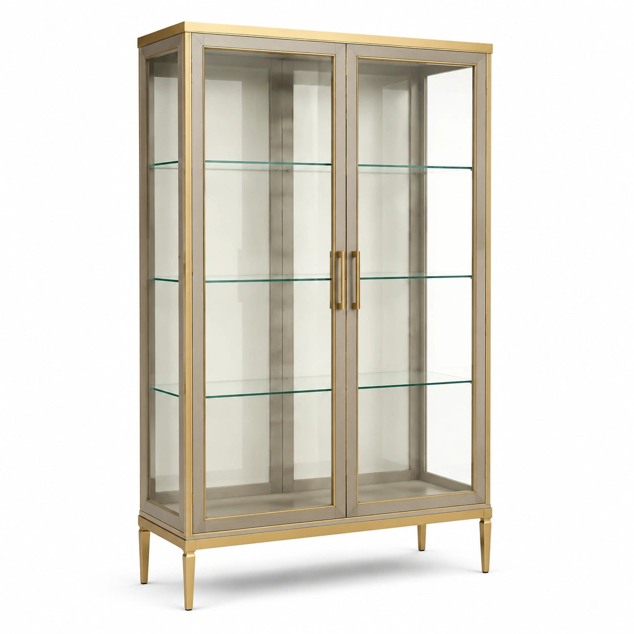Vitrine contemporaine à 2 portes en métal doré et taupe avec verre transparent, 100 × 40 × 180 cm