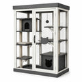 Enclos pour chat en bois blanc et gris avec grillage métallique et plateformes, 120 × 80 × 180 cm