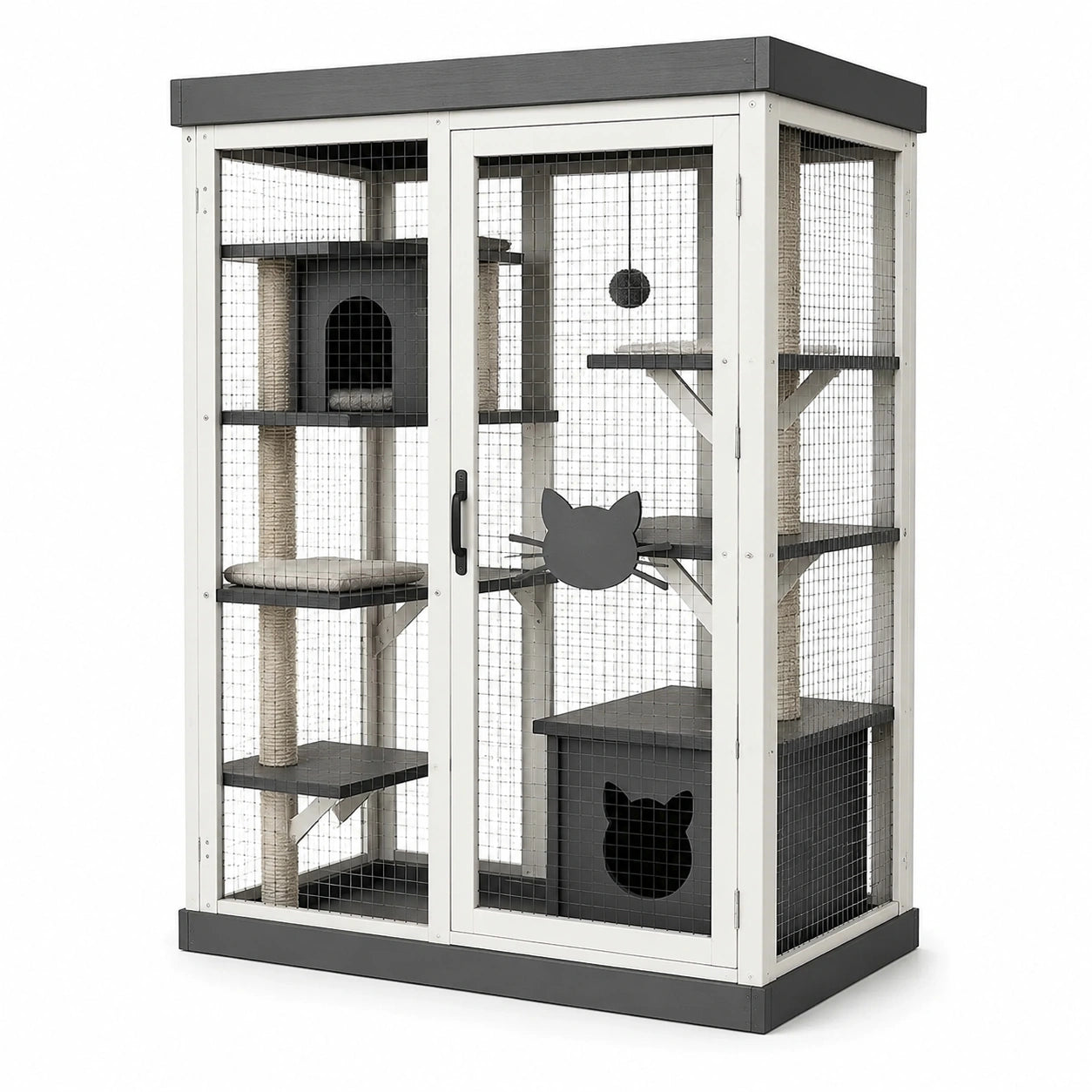 Enclos pour chat en bois blanc et gris avec grillage métallique et plateformes, 120 × 80 × 180 cm