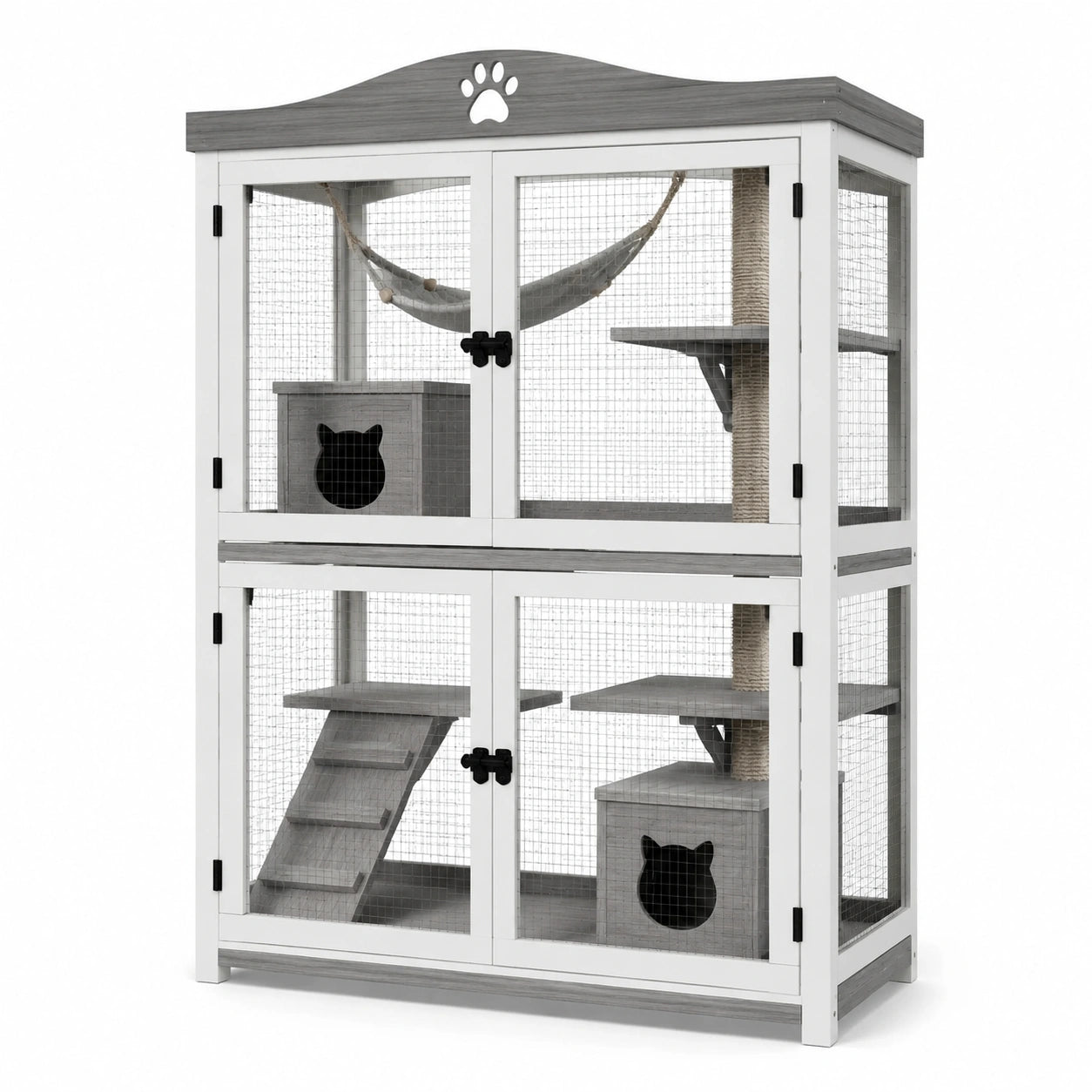 Enclos pour chat en bois blanc, gris et noir avec grillage métallique, 100 × 60 × 180 cm