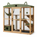 Enclos pour chats en bois naturel avec grillage noir et toit vert, 180 × 100 × 170 cm, plusieurs niveaux