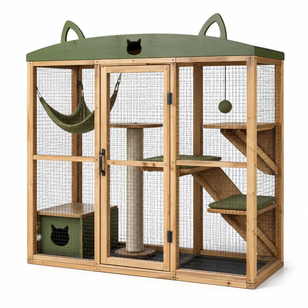 Enclos pour chats en bois naturel avec grillage noir et toit vert, 180 × 100 × 170 cm, plusieurs niveaux