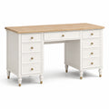 Bureau classique à 9 tiroirs, blanc, bois naturel et doré, 140 × 60 × 78 cm