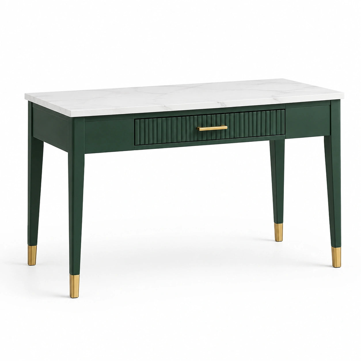 Bureau contemporain vert foncé avec plateau effet marbre blanc et 1 tiroir, 120 × 55 × 76 cm