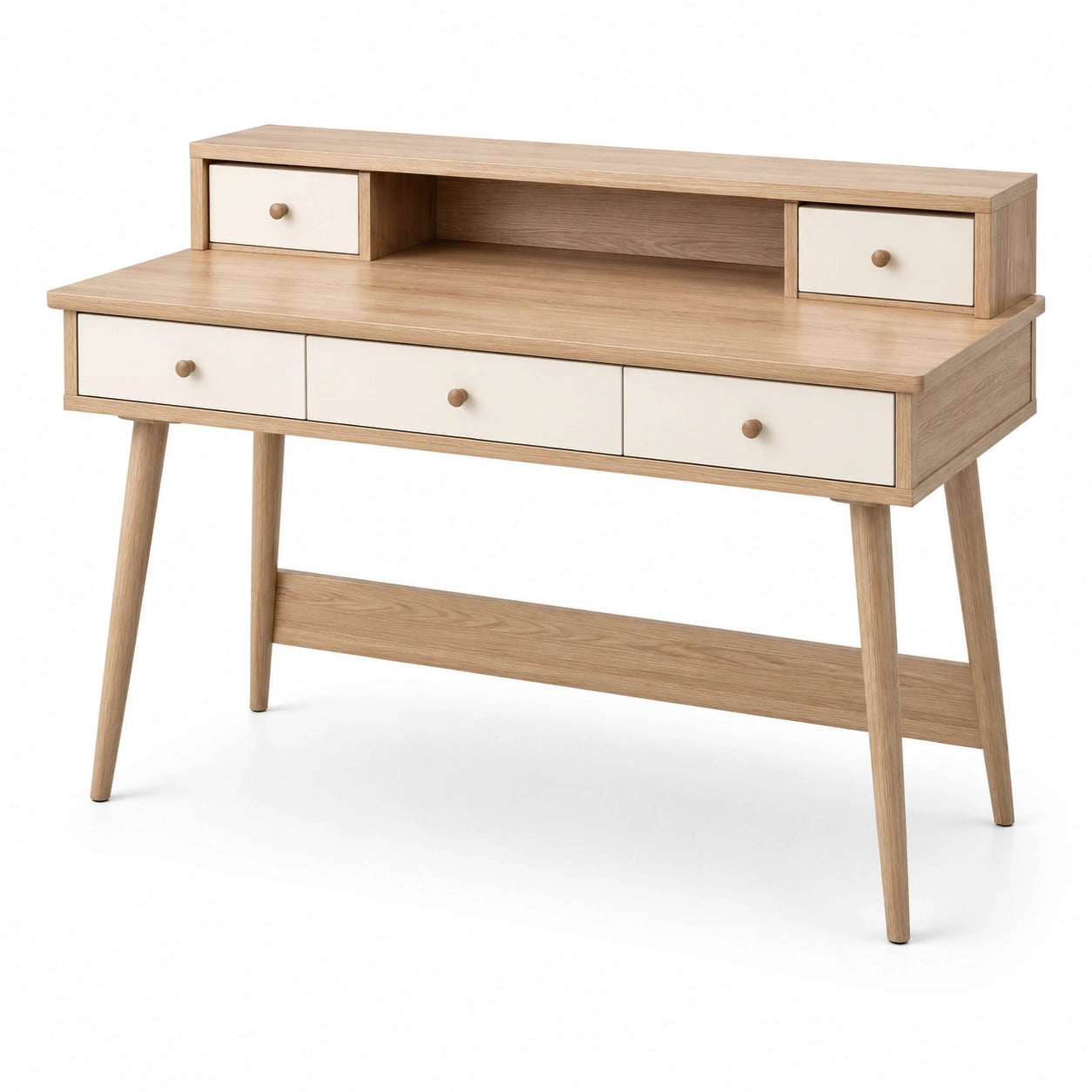 Bureau avec rangement 120 × 55 × 95 cm, effet chêne naturel et blanc cassé, style scandinave