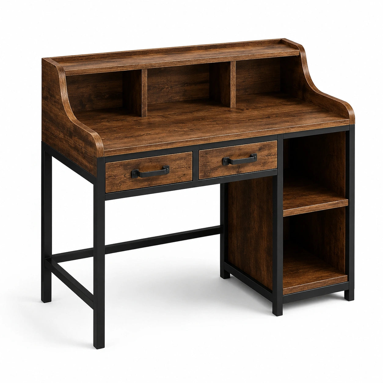 Bureau industriel avec 2 tiroirs et niches de rangement, 100 × 50 × 110 cm, marron et noir