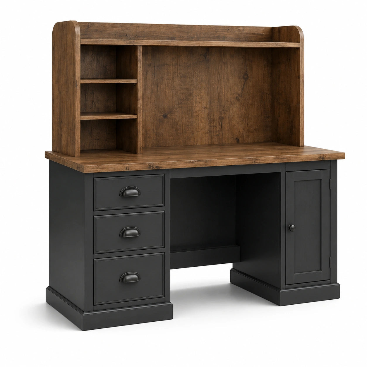Bureau avec surmeuble et rangements, 140 × 60 × 150 cm, brun et noir, style industriel