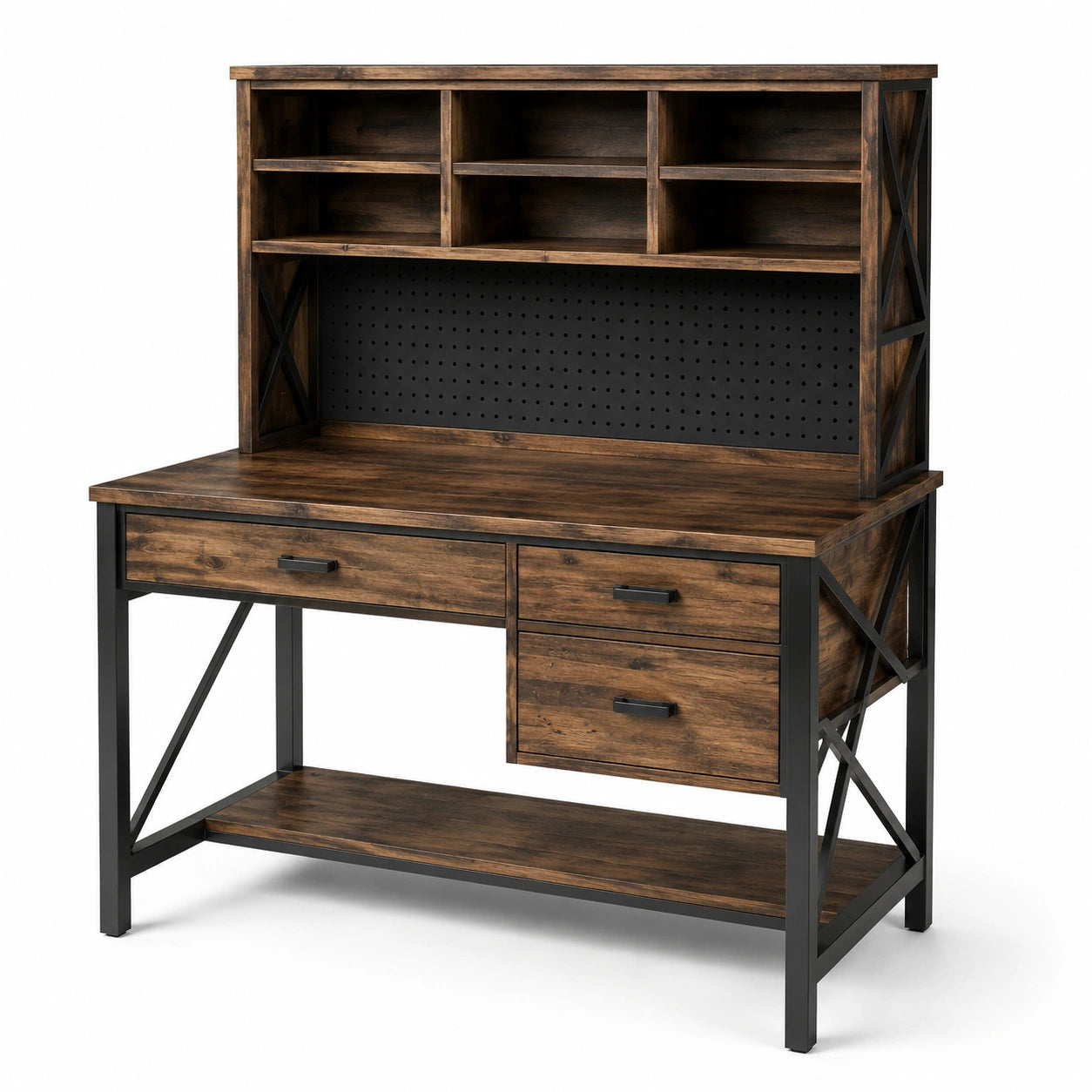 Bureau avec rangement 120 × 60 × 150 cm, effet bois marron et métal noir, style industriel