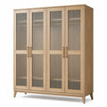 Armoire de rangement à 4 portes, 160 × 40 × 190 cm, chêne clair, verre cannelé transparent et poignées dorées