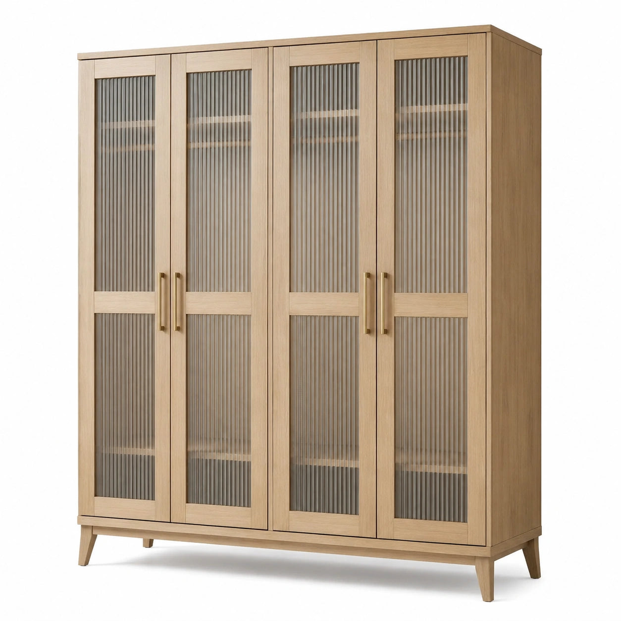 Armoire de rangement à 4 portes, 160 × 40 × 190 cm, chêne clair, verre cannelé transparent et poignées dorées
