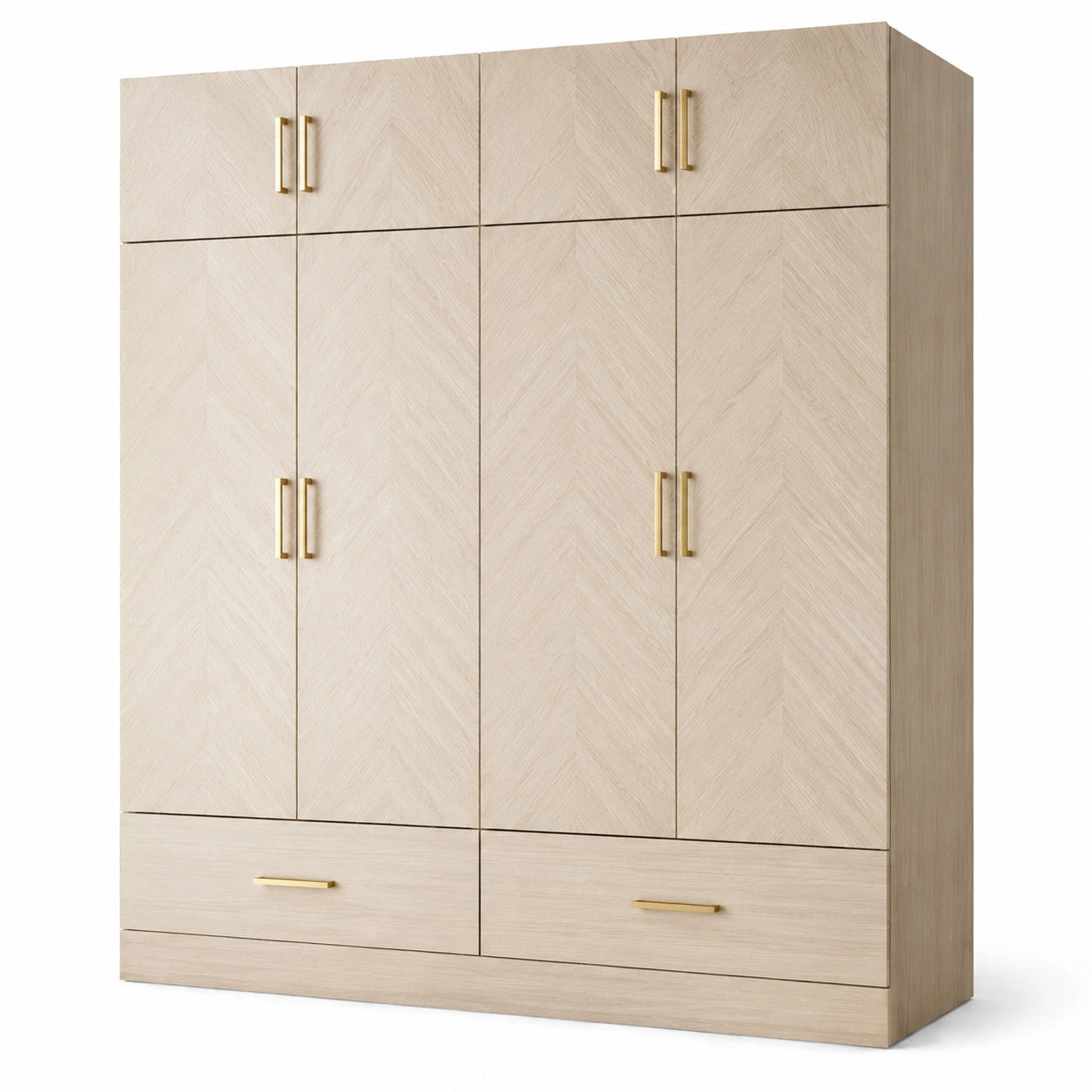 Armoire beige à 8 portes et 2 tiroirs avec poignées dorées, 200 × 60 × 220 cm