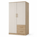 Armoire contemporaine à 2 portes rainurées et 2 tiroirs, beige clair et chêne clair, 100 × 52 × 190 cm