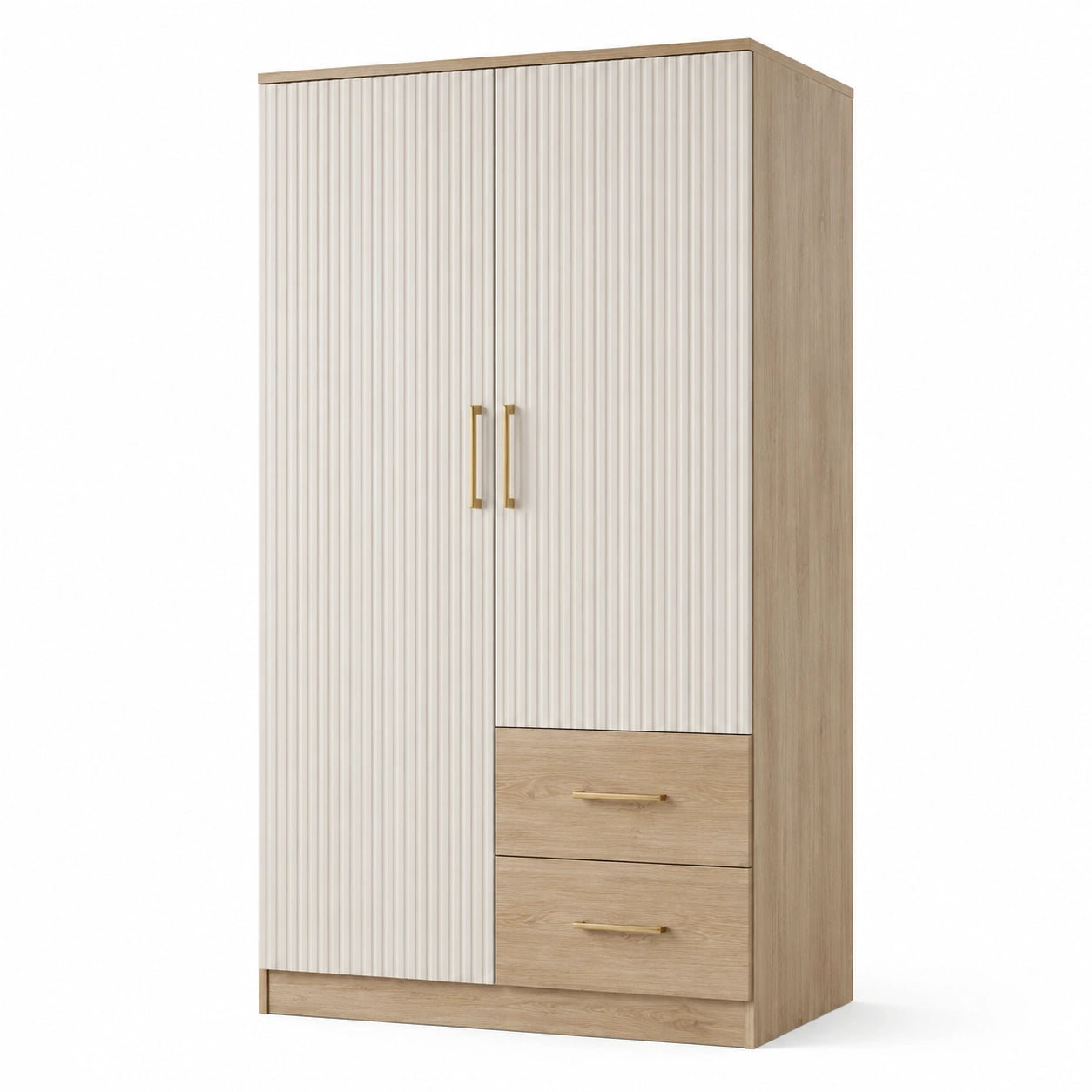 Armoire contemporaine à 2 portes rainurées et 2 tiroirs, beige clair et chêne clair, 100 × 52 × 190 cm