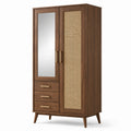 Armoire effet bois brun et rotin naturel avec miroir, 2 portes et 3 tiroirs, 100 × 55 × 190 cm