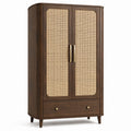 Armoire de rangement rétro en bois brun avec cannage naturel, 2 portes et 1 tiroir, 100 × 50 × 180 cm