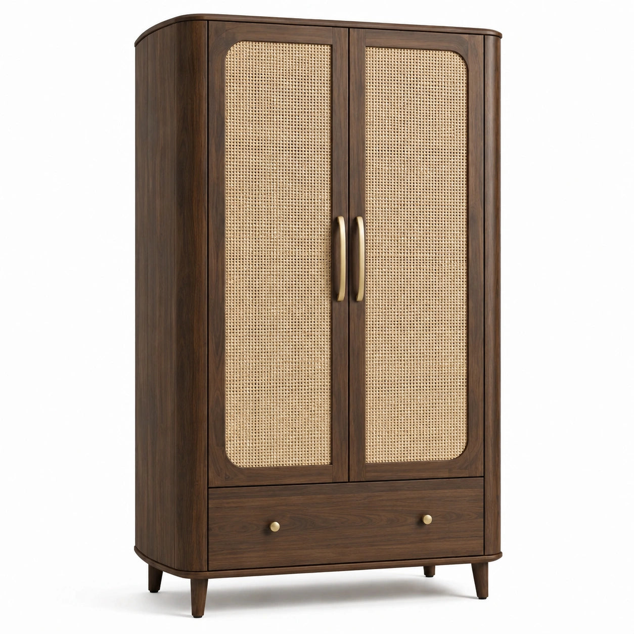 Armoire de rangement rétro en bois brun avec cannage naturel, 2 portes et 1 tiroir, 100 × 50 × 180 cm