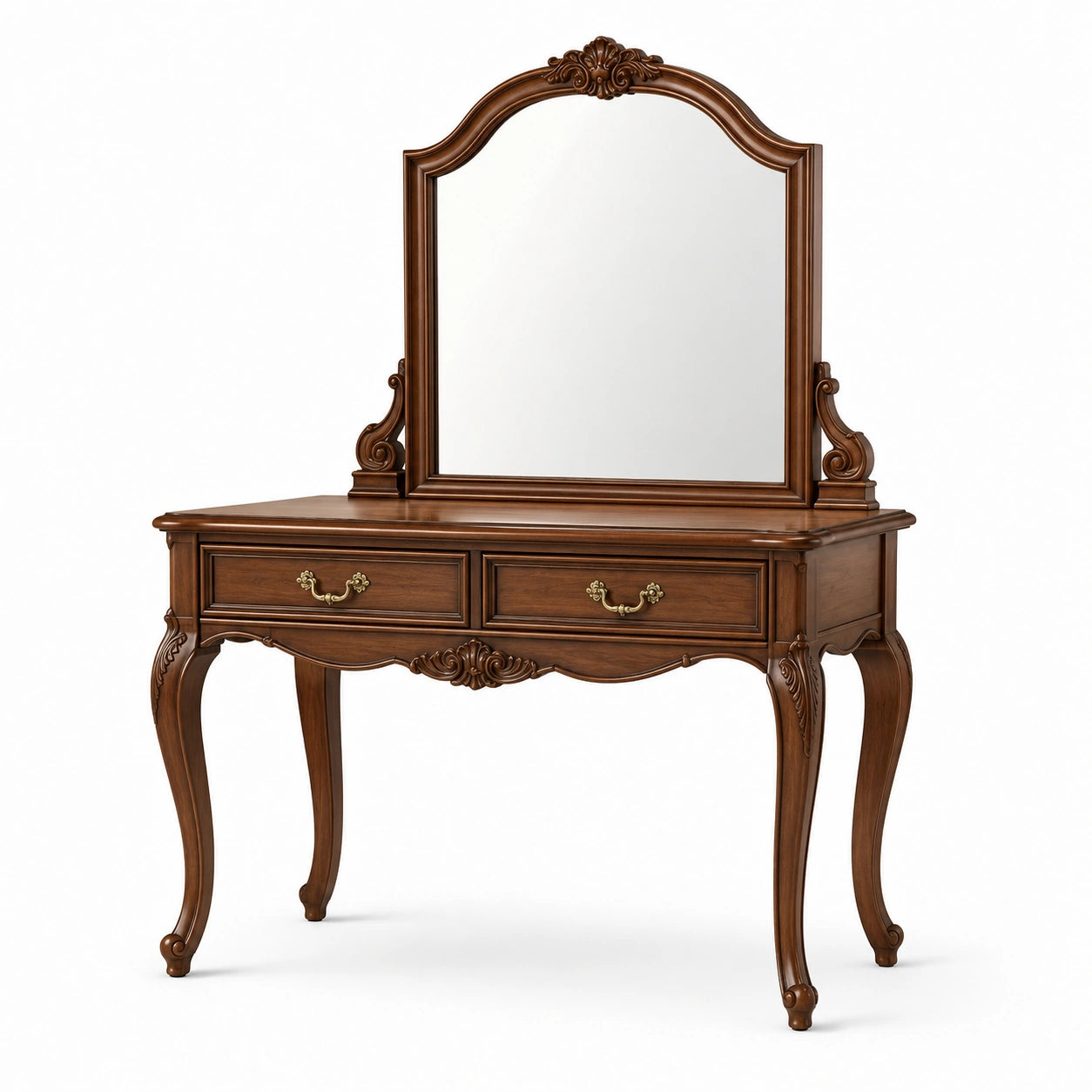 Coiffeuse classique en bois marron avec miroir et 2 tiroirs, 110 × 50 × 150 cm